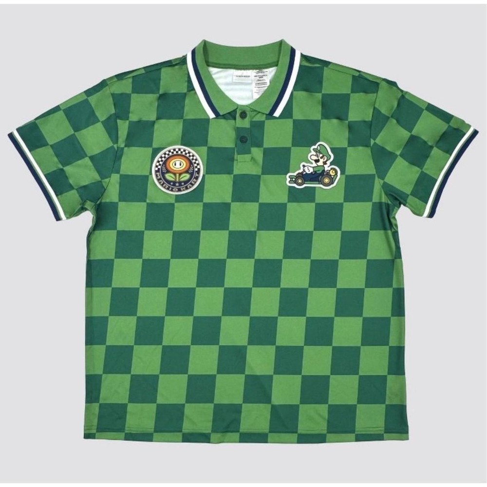 Mario Kart Luigi Polo Shirt Mens Small Green Checkered NWT Racing Fire Flower